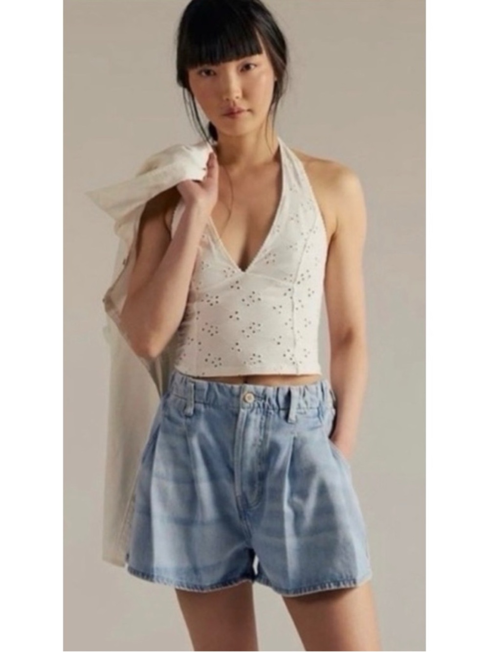 #1717 NWT Free People Clark Pleated Denim Shorts Beach Stoned Medium - Picture 3 of 8